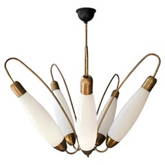 Italian 1950s Five-Light Brass, Wood and Opaline Glass Chandelier