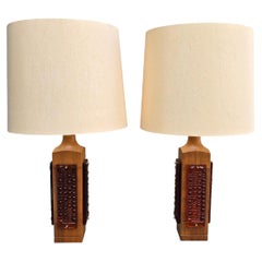 Glas & Trä Hovmantorp Teak and Amber Glass Table Lamp, Sweden, 1960s