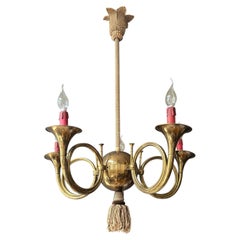 1950s Brass Five-Light Chandelier with Decorative Passementerie and Tassel