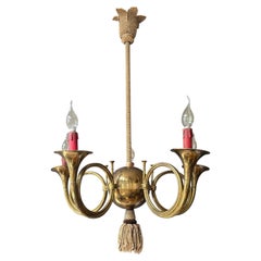 1950s Brass Five-Light Chandelier with Decorative Passementerie and Tassel