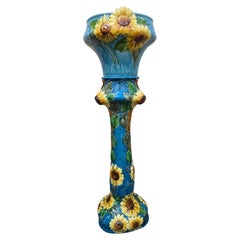 Monumental Art Nouveau Majolica Sunflower Jardiniere on Pedestal, circa 1900