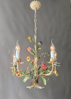 Italian Florentine Polychrome Tole Floral Five-Light Chandelier, circa 1950s