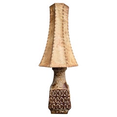 Large Bay Keramik Ceramic Table Lamp with Hand-Stitched Leather Shade, Germany