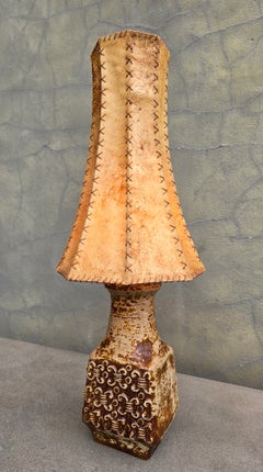 Large Bay Keramik Ceramic Table Lamp with Hand-Stitched Leather Shade, Germany