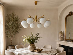Italian Brass Sputnik-Style Chandelier with Eight Opaline Glass Globes, 1960s