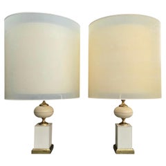 Pair of Large Brass and Cream Table Lamps with Double Drum Shades, 1970s