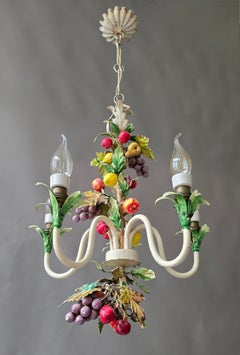 Italian Hand-Painted Tole Fruit and Grape Chandelier, 1950s