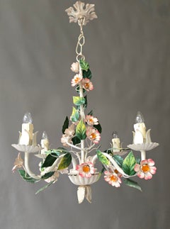 Italian Painted Tole Floral Chandelier with Flowers and Leaves, 1960s