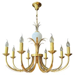 Hollywood Regency Brass, Chrome and Opaline Glass Eight-Light Chandelier, 1970s