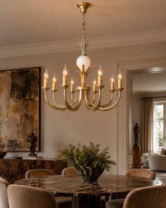 Hollywood Regency Brass, Chrome and Opaline Glass Eight-Light Chandelier, 1970s