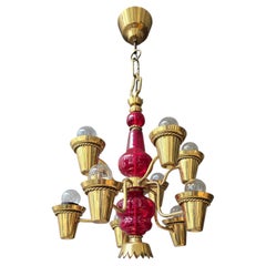Italienischer Kronleuchter mit zehn Lichtern aus rubinrotem Glas und Messing, um 1950