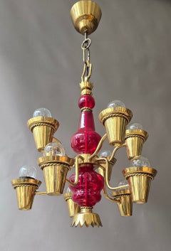 Italienischer Kronleuchter mit zehn Lichtern aus rubinrotem Glas und Messing, um 1950