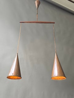 Danish Modern Copper and Wood Two-Light Pendant, Attributed to E.S. Horn, 1950s