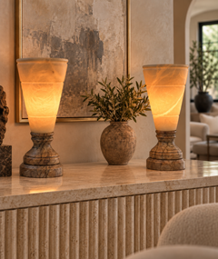 Pair of Sculptural Alabaster and Marble “Nefertete” Table Lamps by Den Hartog, 1
