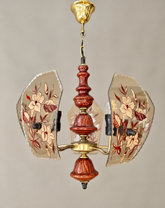 Fünfarmiger Kronleuchter im Vintage-Stil aus Glas und Keramik mit Blumenmuster, 1950er–1960er Jahre