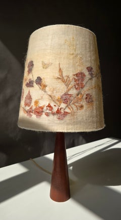 Mid-Century Solid Teak Table Lamp with Natural-Fiber Botanical Shade, 1960s