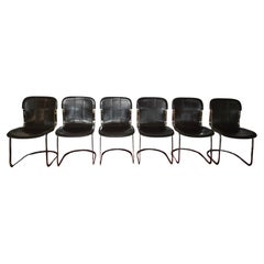Lot de six chaises de salle à manger « C2 » en cuir et chrome de Willy Rizzo pour Cidue, Italie