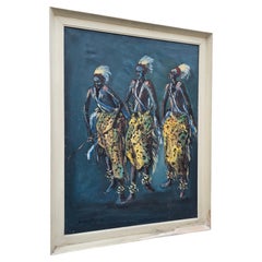 Mid-Century Tutsi Intore Dancers Oil Painting, Belgian Congo Era, ca. 1954
