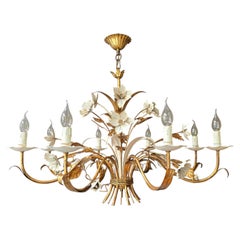 Italian Florentine Gilt Metal and Tole Eight-Arm Floral Chandelier, circa 1970