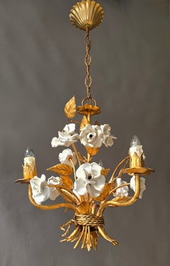 Italian Florentine Gilt Metal and Porcelain Three-Light Floral Chandelier, circa