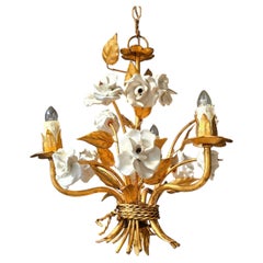 Italian Florentine Gilt Metal and Porcelain Three-Light Floral Chandelier, circa