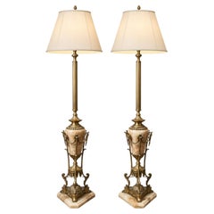 Monumental Pair of Neoclassical Brass and Veined Onyx Floor Lamps, 1960s–1970s