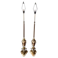 Monumental Pair of Neoclassical Brass and Veined Onyx Floor Lamps, 1960s–1970s