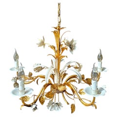Italian Florentine Gilt Metal and Tole Five-Arm Floral Chandelier, circa 1970