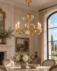 Italian Florentine Gilt Metal and Tole Five-Arm Floral Chandelier, circa 1970