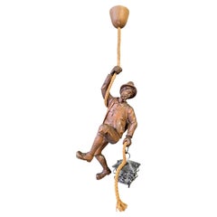 Mid-Century Hand-Carved Wood Alpine Climber Pendant Light with Lantern, 1960s