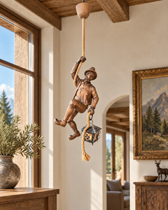 Mid-Century Hand-Carved Wood Alpine Climber Pendant Light with Lantern, 1960s