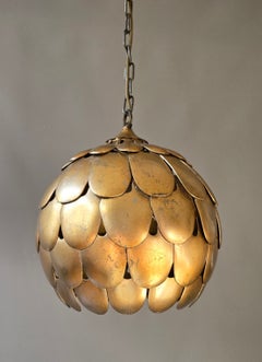 1950s Italian Gilt Scallop Pendant Light, Attributed to S. Salvadori