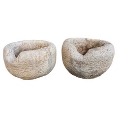 Pair of French 19th Century Hand-Carved Porous Limestone Basins / Planters