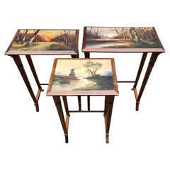 Tall Dutch Art Deco Oak Nesting Tables with Hand-Painted Landscapes, circa 1925