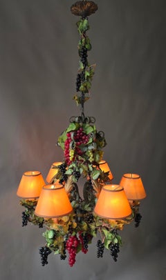 Italian Mid-Century Iron 6-Light Chandelier with Grapevine Foliage and Shades