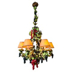 Italian Mid-Century Iron 6-Light Chandelier with Grapevine Foliage and Shades