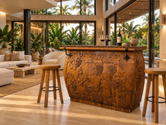Mueble de cócteles y vinos de estilo brutalista de los años 70, de roble tallado a mano, con dos taburetes