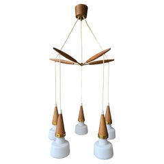Mid-Century Modern 5-Light Cascade Chandelier in Wood and Brass, 1950s