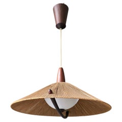 Mid-Century Temde Rise & Fall Sisal & Wood Pendant Lamp, 1960s
