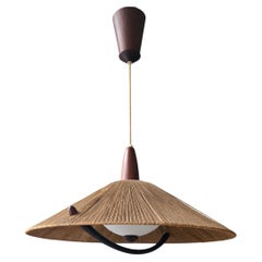 Mid-Century Temde Rise & Fall Sisal & Wood Pendant Lamp, 1960s