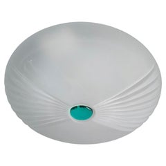 Mid-Century Italian Ribbed Frosted Murano Glass Flush Mount with Green Accent