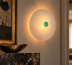 Mid-Century Italian Ribbed Frosted Murano Glass Flush Mount with Green Accent