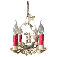 Mid-Century Italian Florentine Toleware Chandelier with Sculptural Galleon Ship