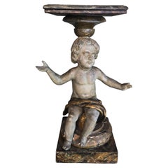 Antique Italian Baroque Polychrome Giltwood Putto Side Table, 18th–19th C.