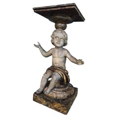 Antique Italian Baroque Polychrome Giltwood Putto Side Table, 18th–19th C.