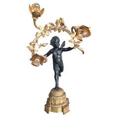 Antique French Belle Époque Cherub Newel Post Lamp with Gilt Copper Roses, 1900