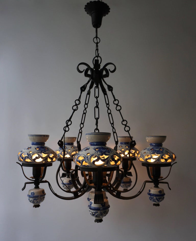 Unique And Beautiful Antique Delft Blue Oil Lamp Chandelier For Unique And Beautiful Antique Delft Blue Oil Lamp Chandelier Converted To Electricity Measures Diameter