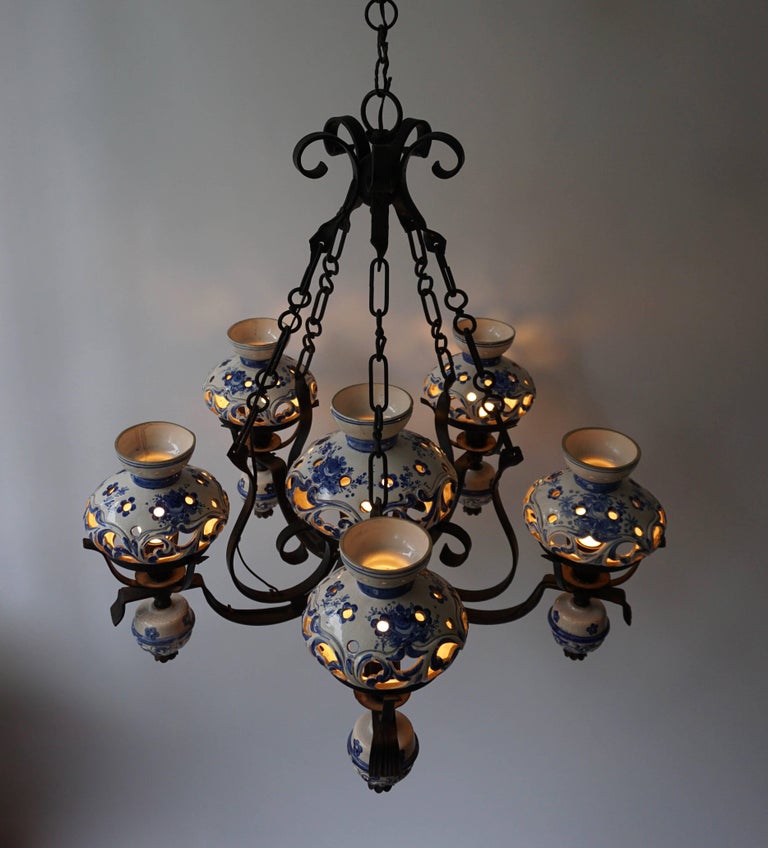 Unique And Beautiful Antique Delft Blue Oil Lamp Chandelier For Unique And Beautiful Antique Delft Blue Oil Lamp Chandelier Converted To Electricity Measures Diameter