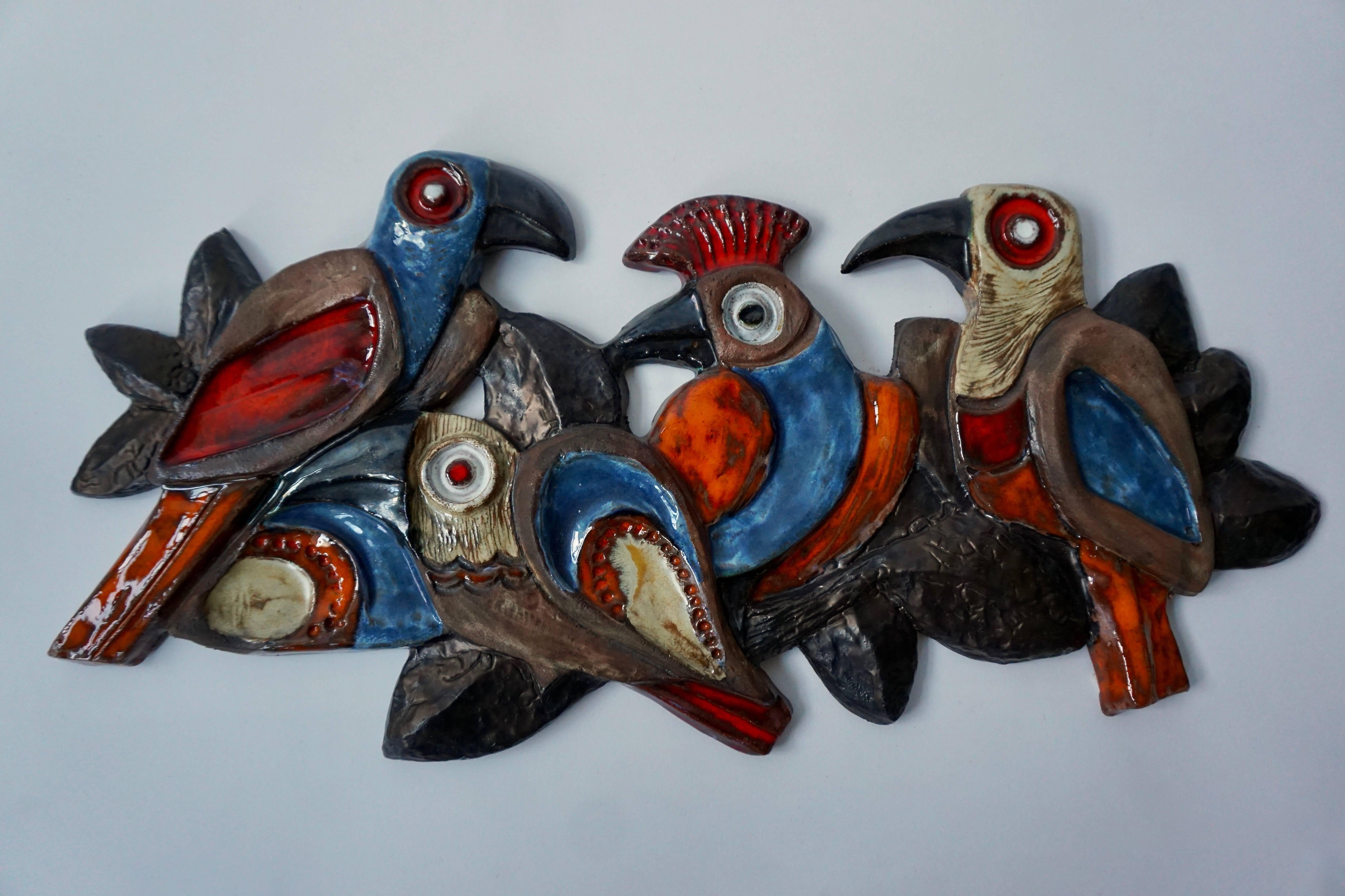 Glazed Ceramic Wall Sculpture with Birds For Sale