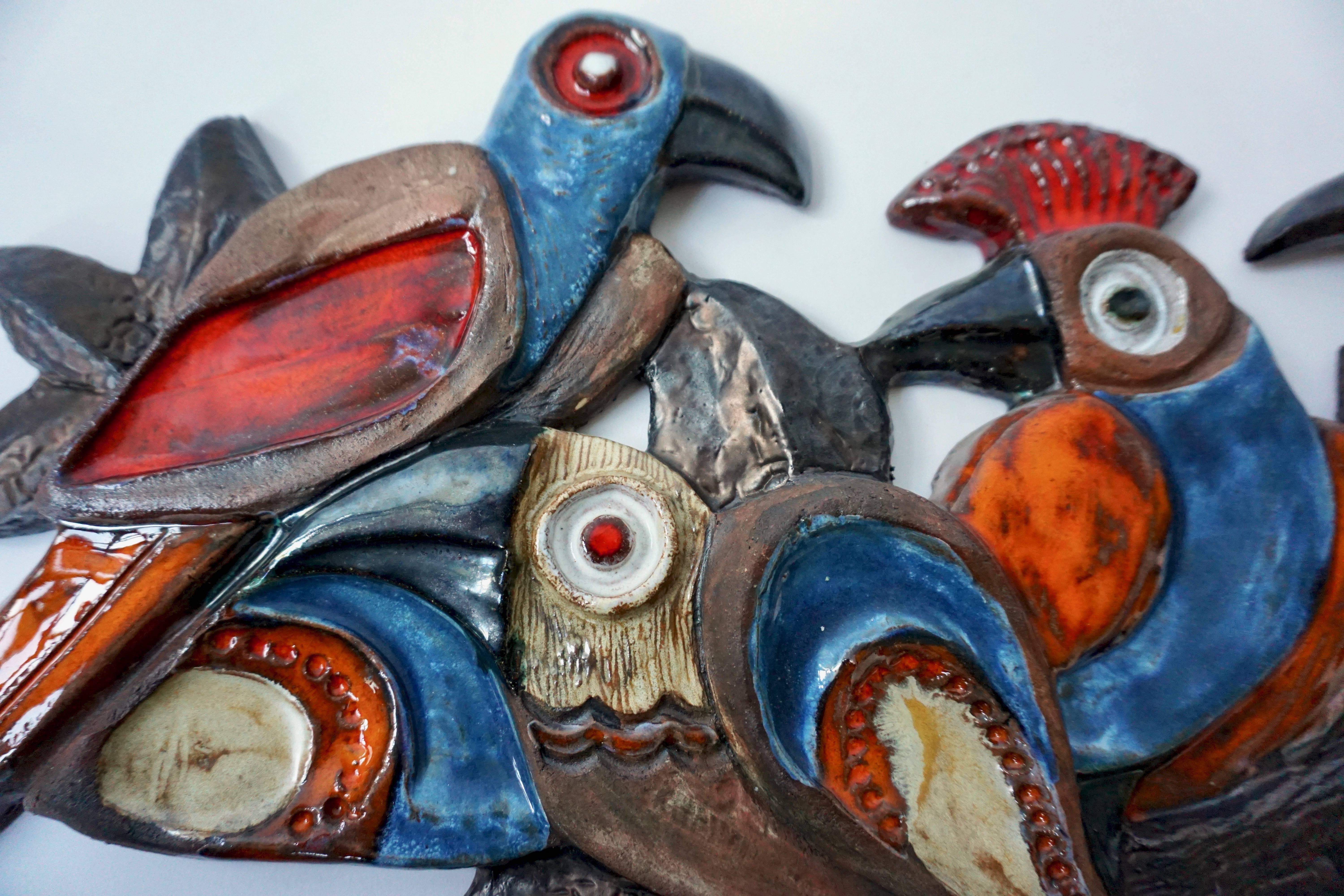 Mid-Century Modern Ceramic Wall Sculpture with Birds For Sale